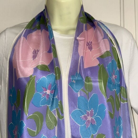 Vintage Vera Pink, Teal Blue, Green & Lavender Floral Silk Long Scarf - Picture 5 of 6